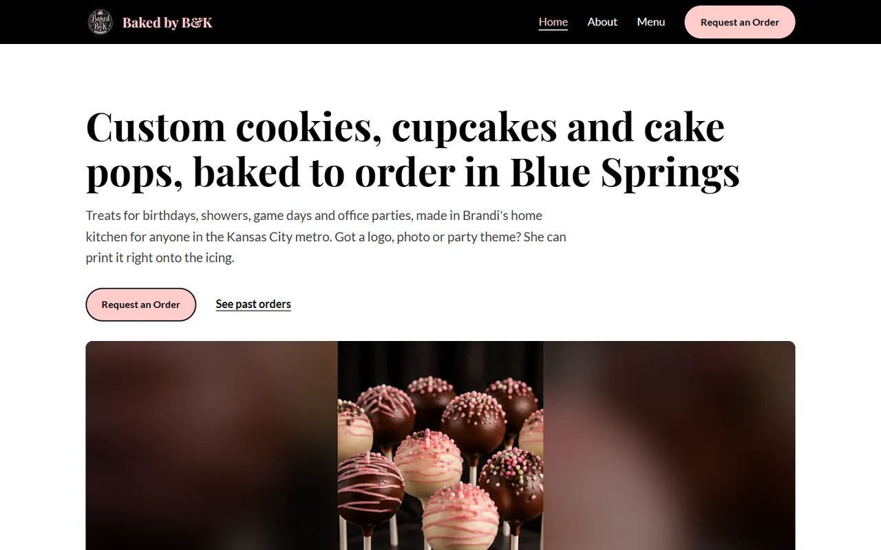 Home page of the Baked by B&K website: custom cookies, cupcakes and cake pops in Blue Springs, MO.