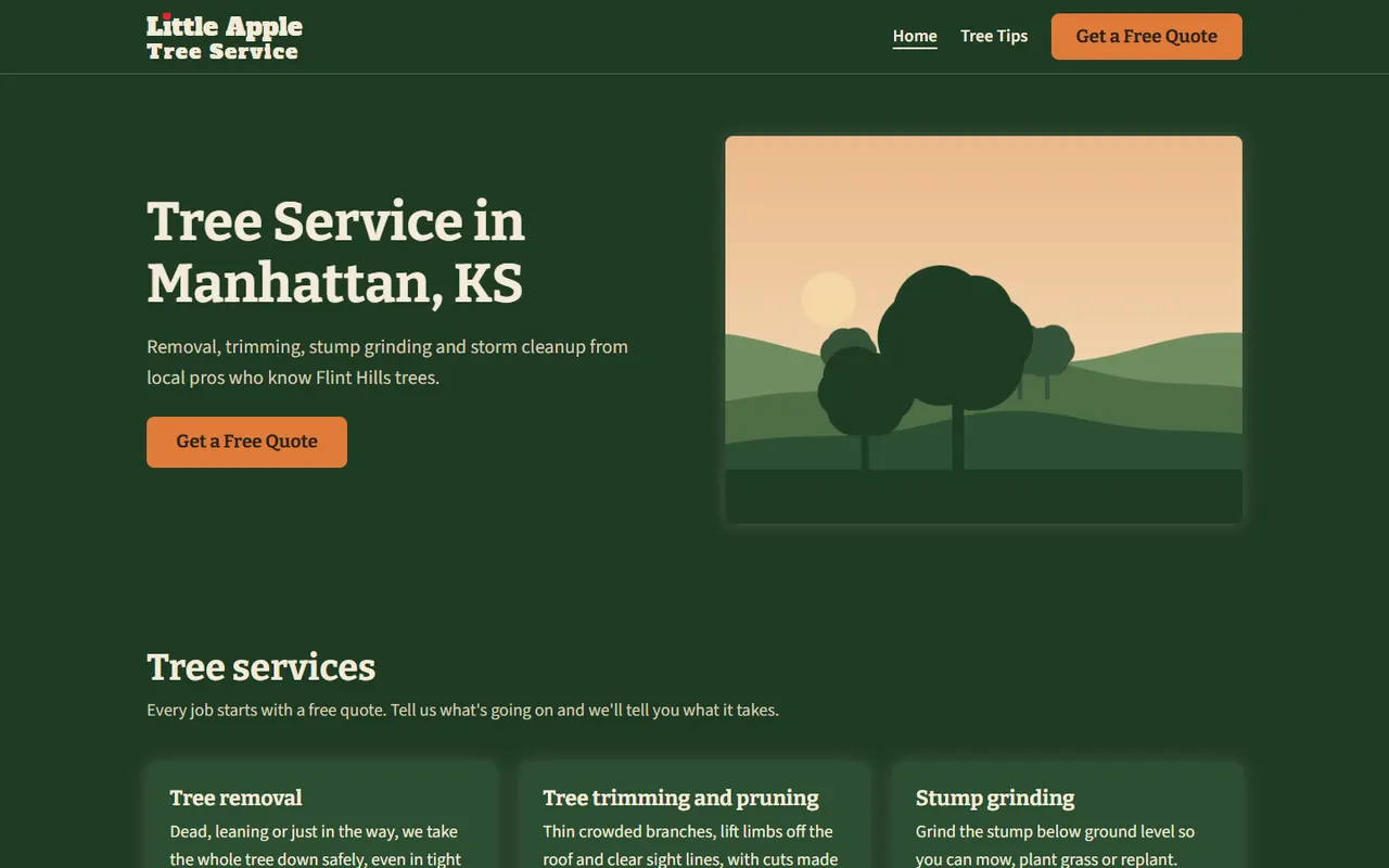 Home page of the Little Apple Tree Service website: tree service in Manhattan, KS.